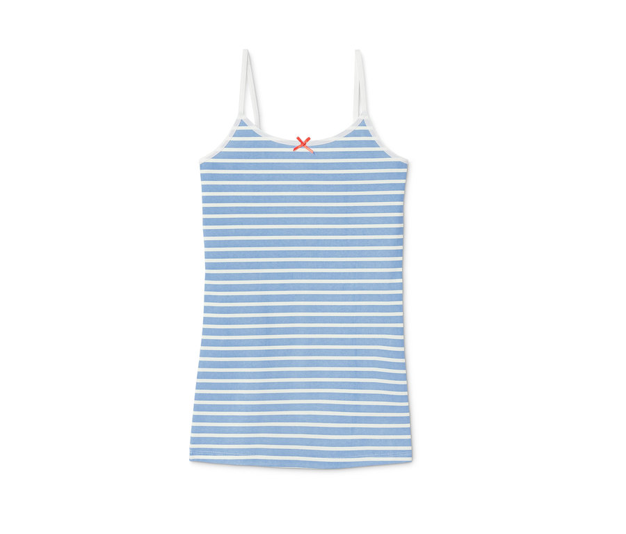 Blaues Mädchen-Unterhemd mit weißen Streifen und roter Schleife.