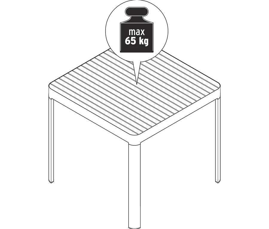 Skizze eines quadratischen Gartentischs mit abgerundeten Beinen und einer maximalen Tragfähigkeit von 65 kg.