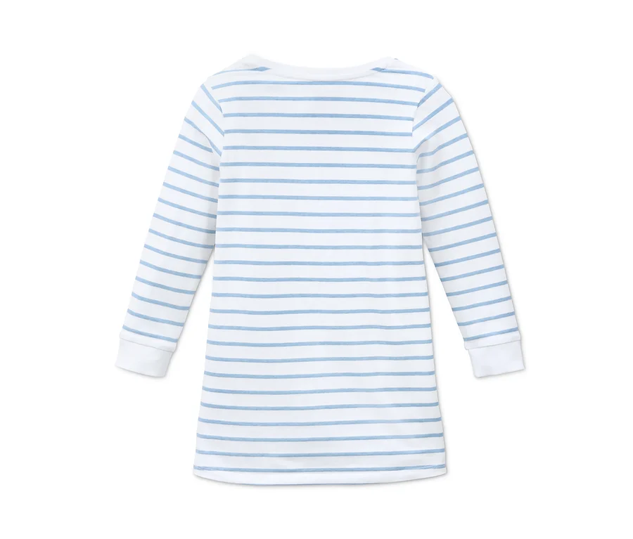 Mädchen-Pyjama mit blauen und weißen Streifen.