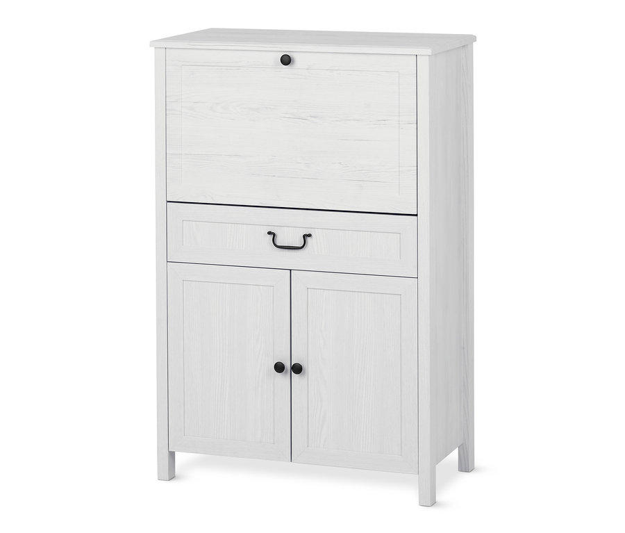 Weißer Officeschrank mit ausklappbarer Platte und Türen im unteren Bereich.