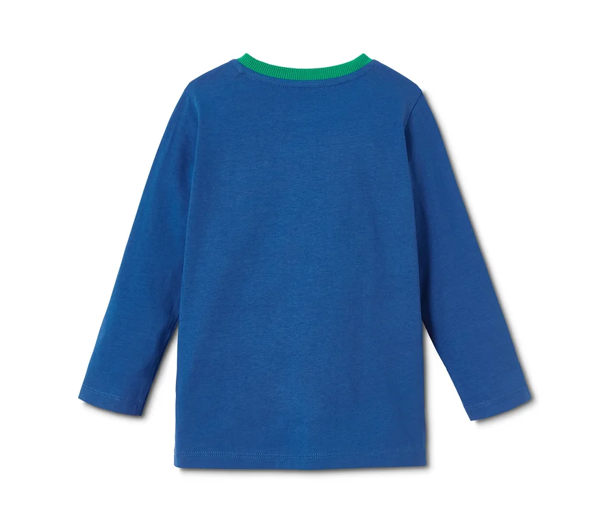 Blaues Langarmshirt mit grünem Kragen.