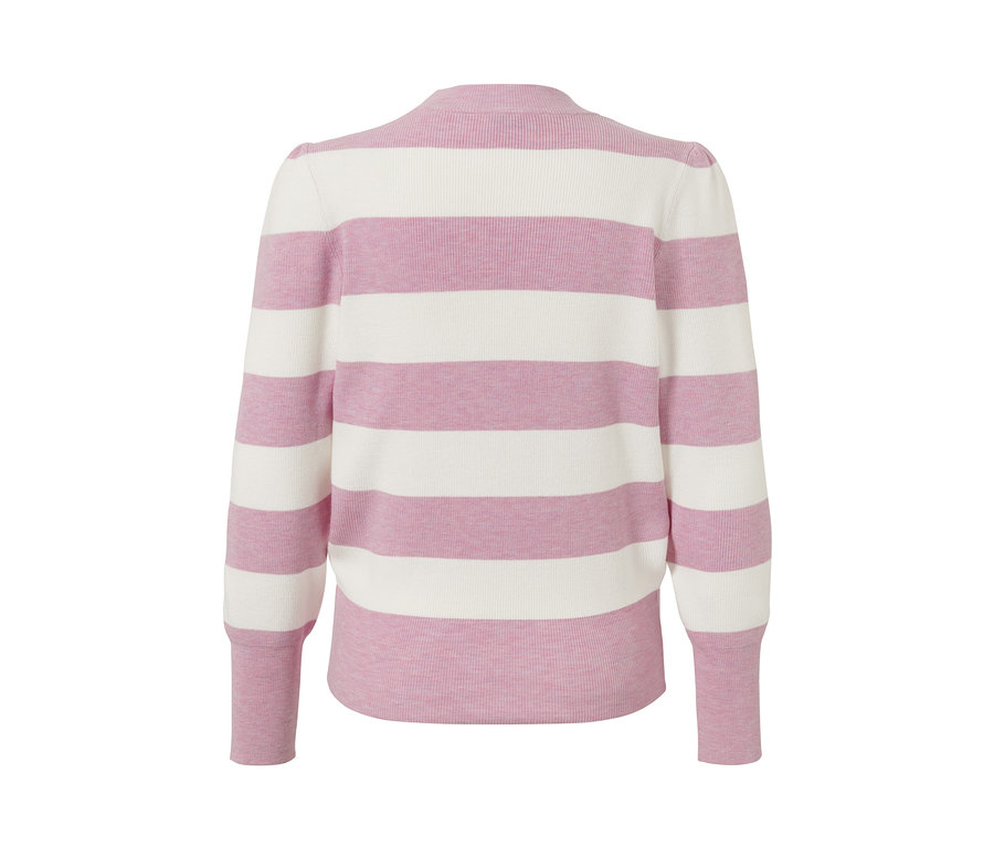 Rückansicht eines Pullovers mit Puffärmeln mit rosa-weissen horizontalen Streifen.