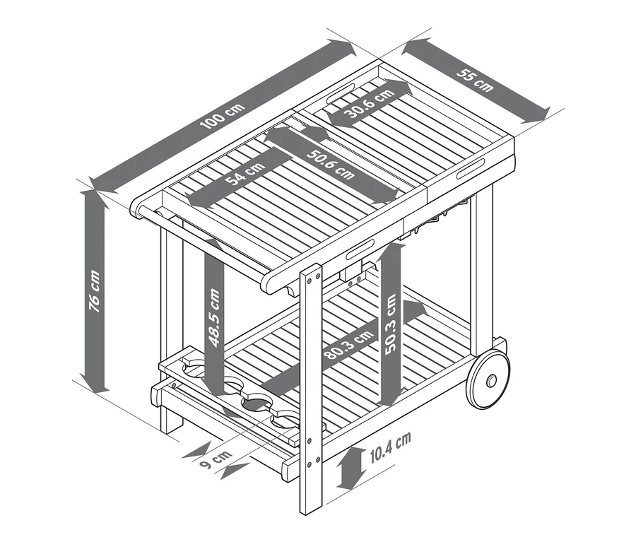 Diagramm eines Grillwagens »Lenja« mit 2 Tabletts mit hervorgehobenen Abmessungen.