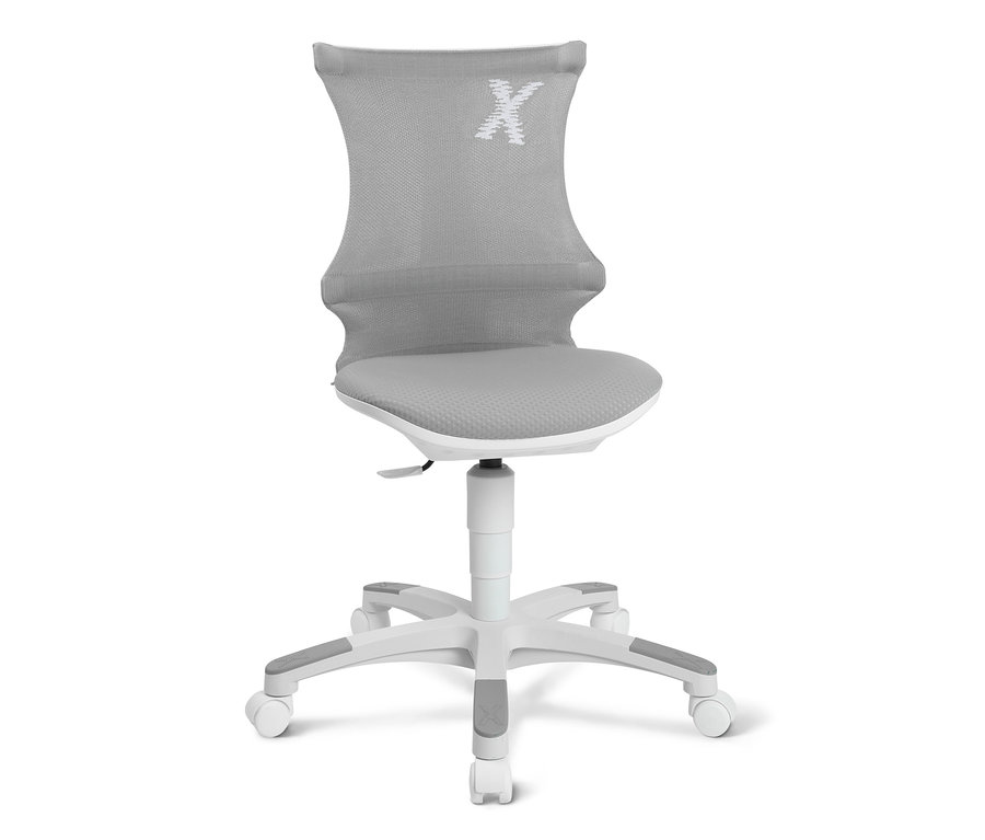Nahaufnahme des grauen Topstar Kinderstuhls »SITNESS X CHAIR 10« mit weißem Rahmen.