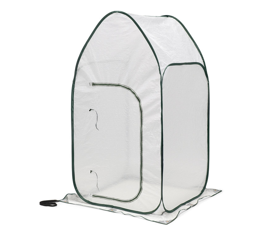 Ein hohes Pop-up-Pflanzenschutz-Zelt mit Reißverschluss.