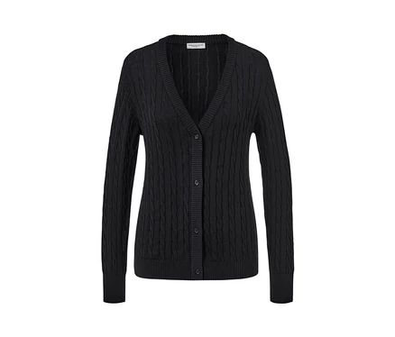 Schwarzer Feinstrickcardigan mit Zopfmuster.