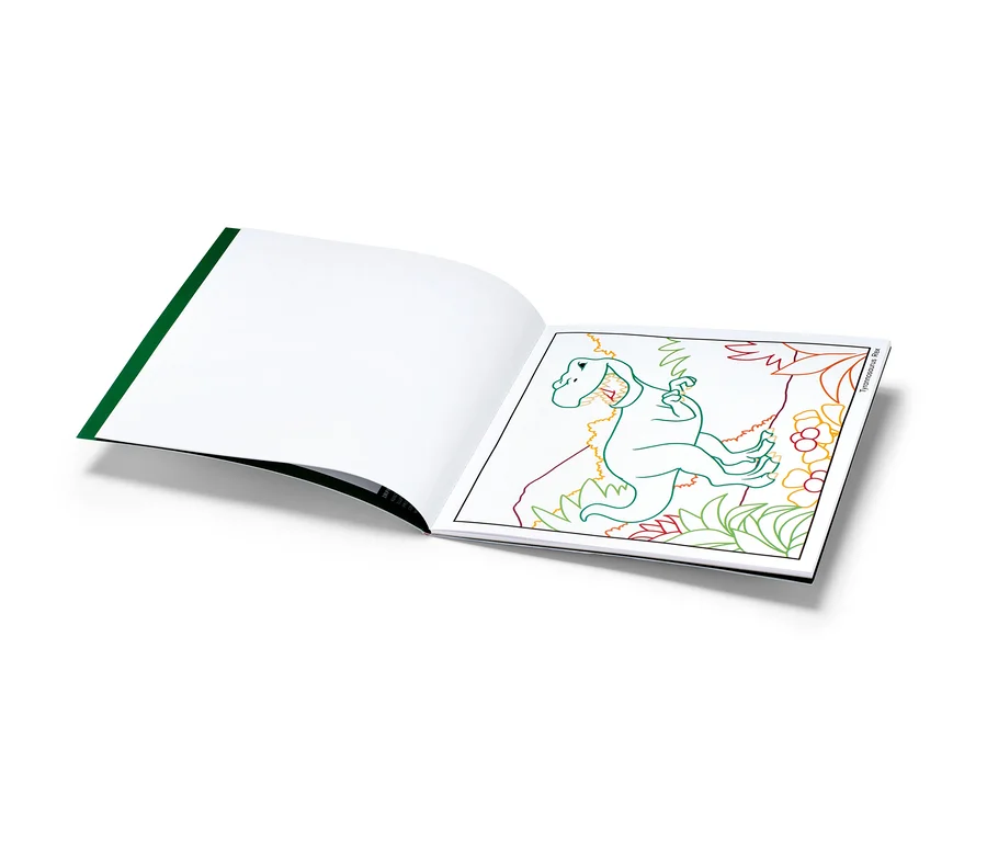 Aufgeschlagenes Buch »Zauberpapier Malbuch ‒ Gigantische Dinowelt« mit Dinosaurier-Illustration.
