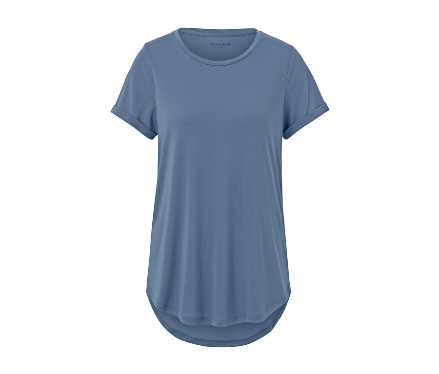 Taubenblaues Longshirt mit kurzen Ärmeln.