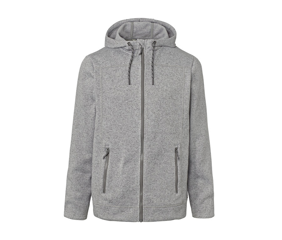 Graue Strickfleece-Jacke mit Kapuze und Reißverschluss.