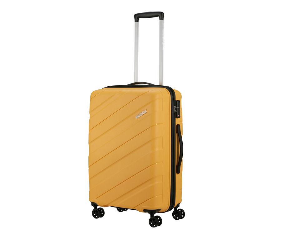 Mittlerer gelber American Tourister »Jetdriver 3.0« Koffer mit ausziehbarem Griff und vier Rädern.