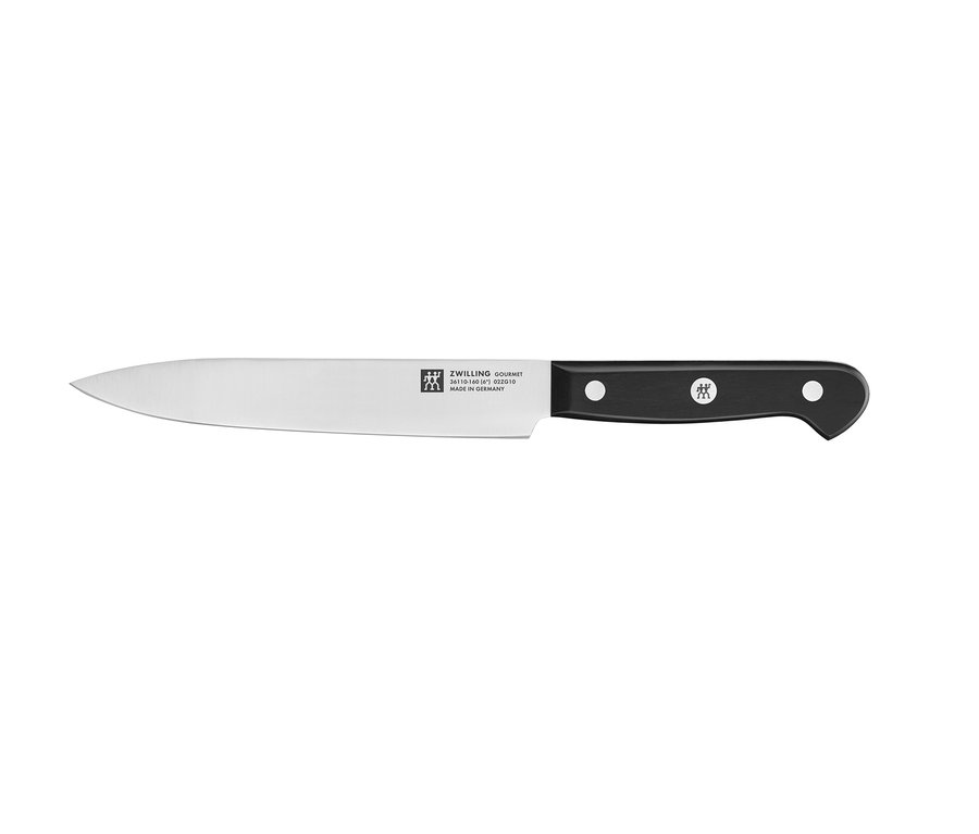 Detailansicht eines ZWILLING Selbstschärfender Messerblock »Gourmet« Messers mit schwarzem Griff.