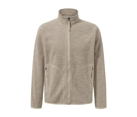Beige Fleecejacke mit durchgehendem Reißverschluss.