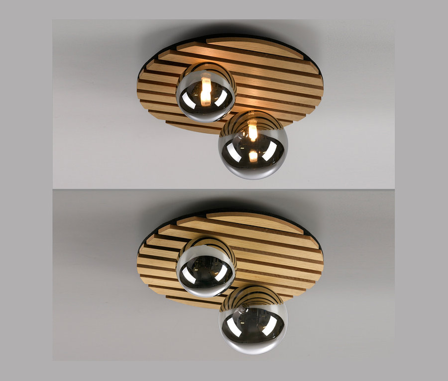 JUST LIGHT Deckenleuchte »Green Stika« mit hölzernem, ovalem Sockel und drei Glaskugeln.