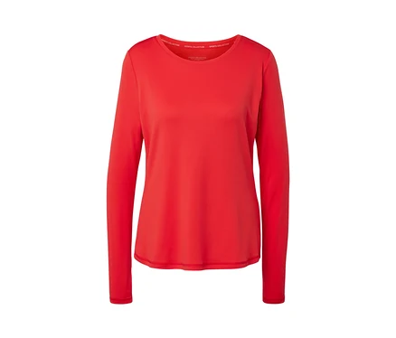 Rotes Funktionsshirt mit langen Ärmeln auf weißem Hintergrund.