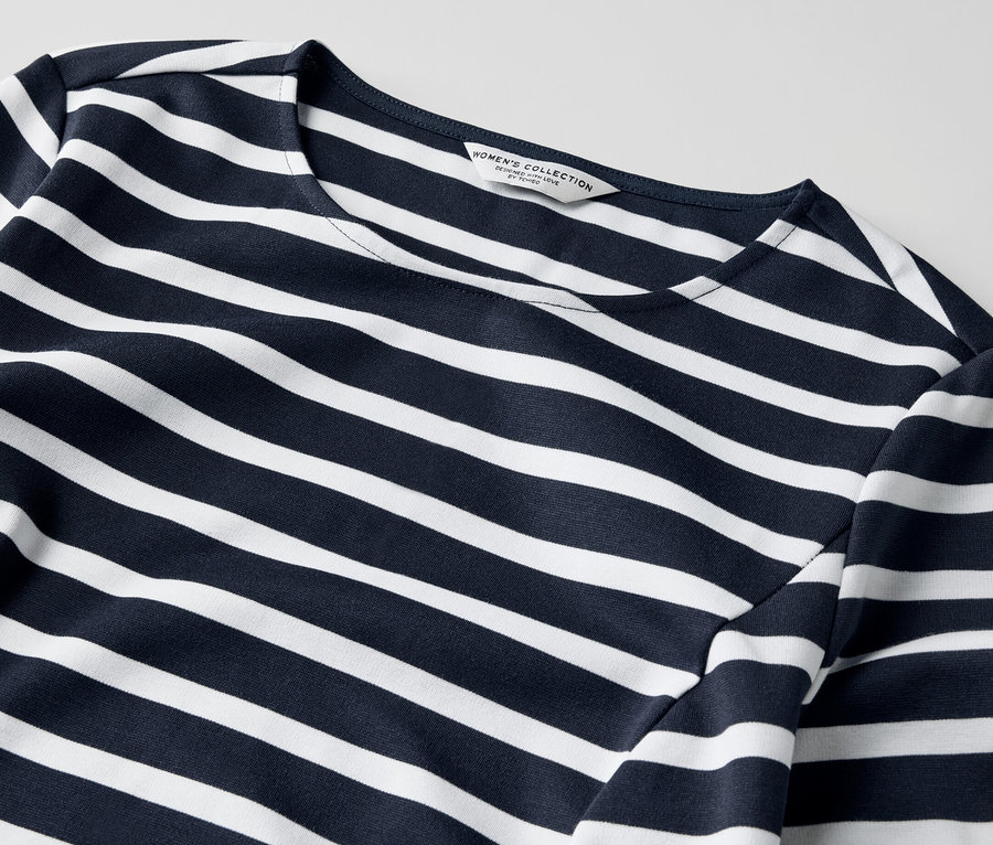 Detailansicht eines gestreiften Sweatkleids.