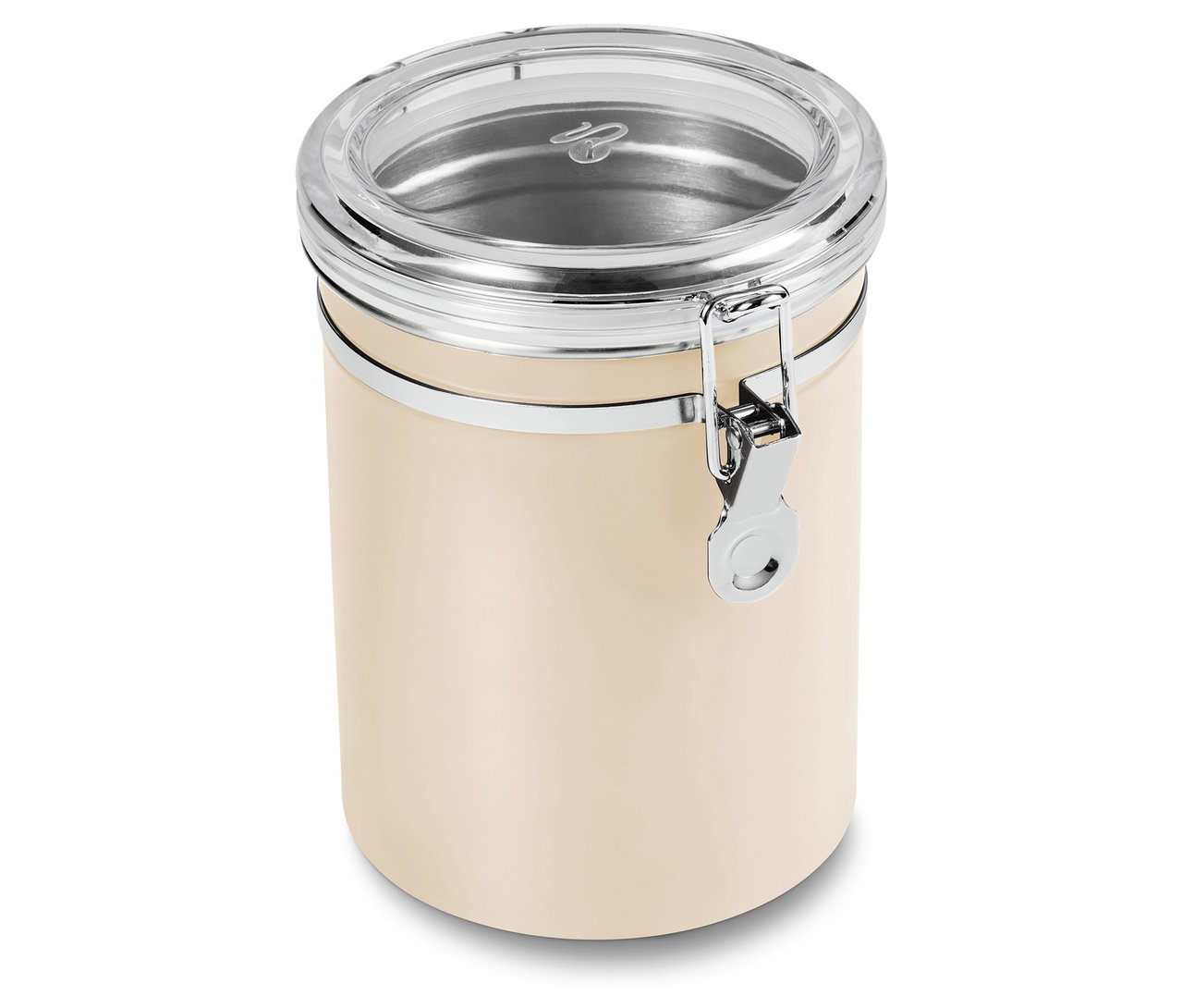 Aromadose, Friendly beige mit transparentem Deckel und silberfarbenem Verschluss.