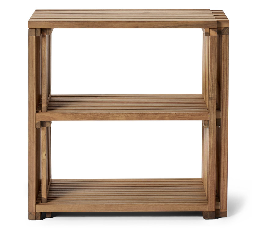 Zweistöckiges Holzregal mit Lamellenböden.