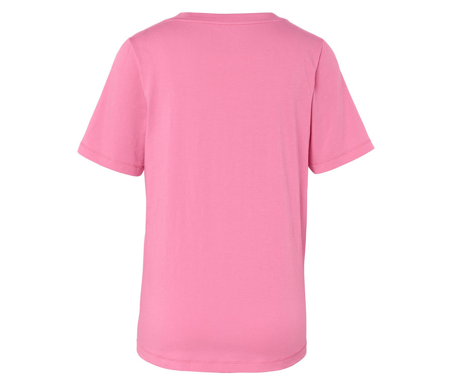 Rückansicht eines rosafarbenen T-Shirts mit kurzen Ärmeln.