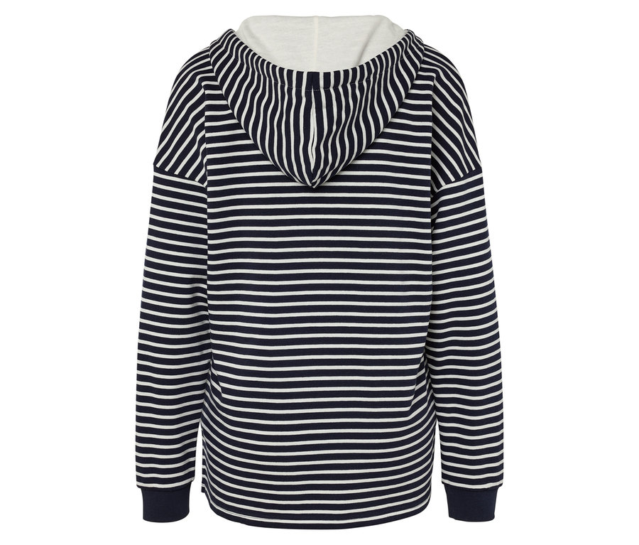 Rückansicht eines gestreiften Kapuzenpullovers in Marineblau und Weiß.