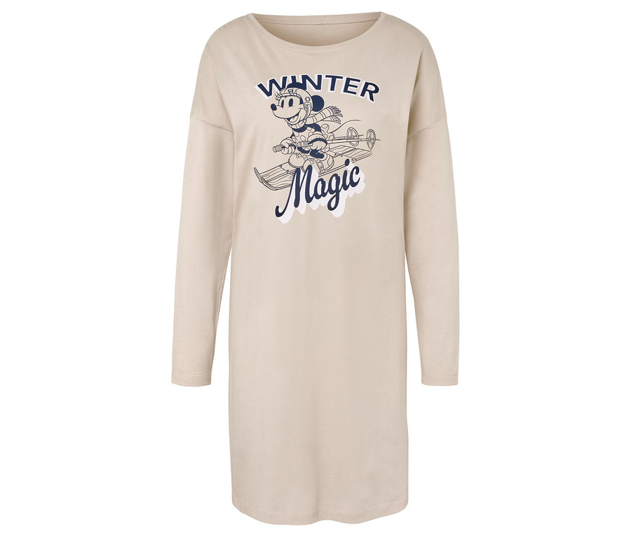 Beiges, langärmeliges Nachthemd mit blauem Aufdruck von Minnie Maus auf Skiern und dem Schriftzug Winter Magic.