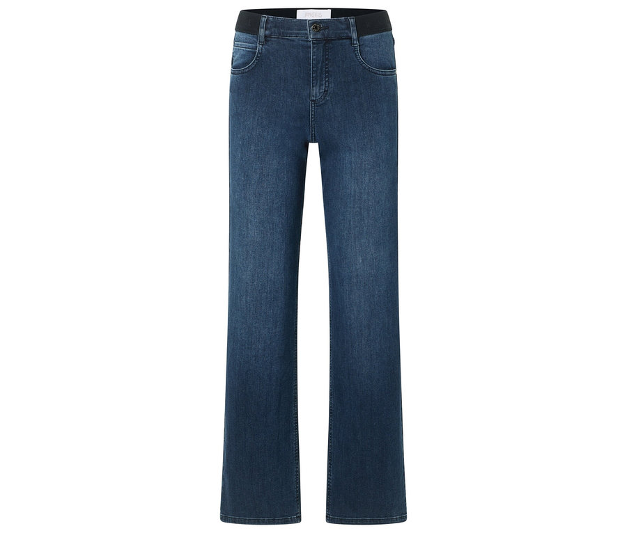 Blaue Jeans mit hohem Bund und weitem Bein.