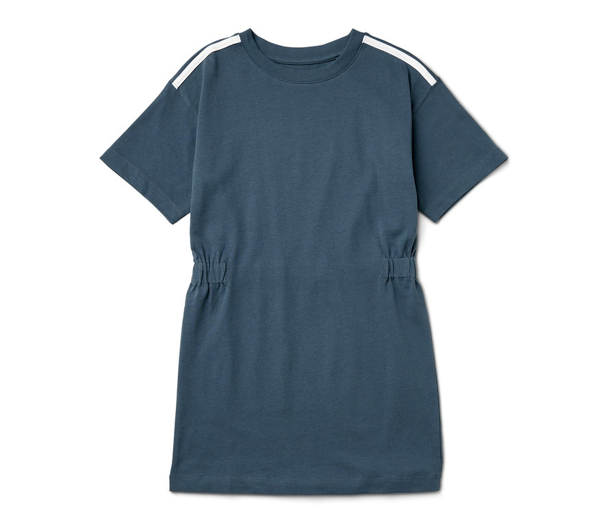 Blaues Kinder-Heavy-Jersey-Kleid mit weißen Streifen an den Schultern.