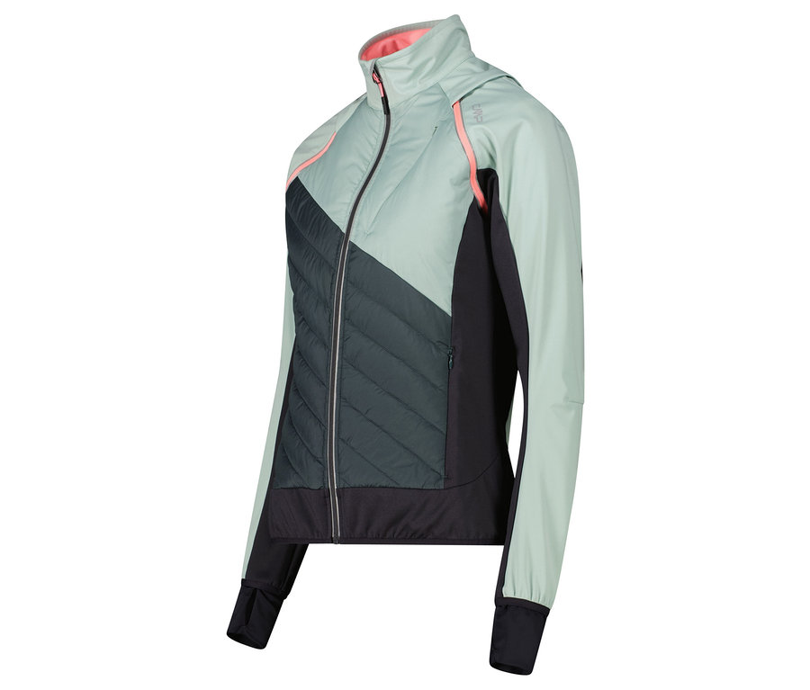 Grüne und schwarze Jacke mit gesteppter Vorderseite.