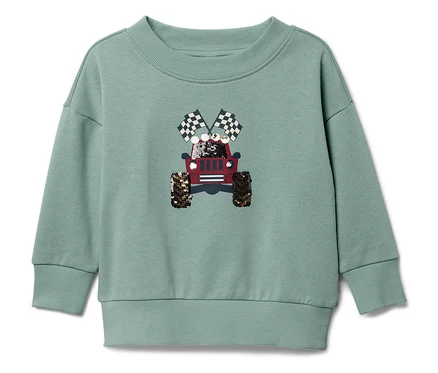 Hellgrüner Pullover mit einem roten Jeep und Zielflaggen.