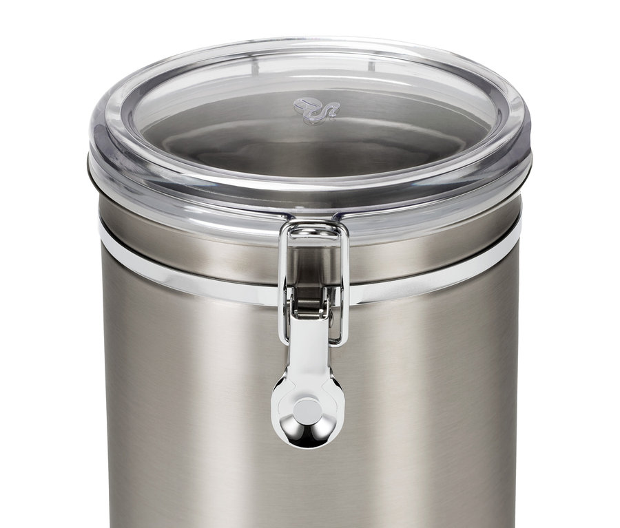 Nahaufnahme einer Aromadose 1 kg, Edelstahl, mit transparentem Deckel und Verschluss.
