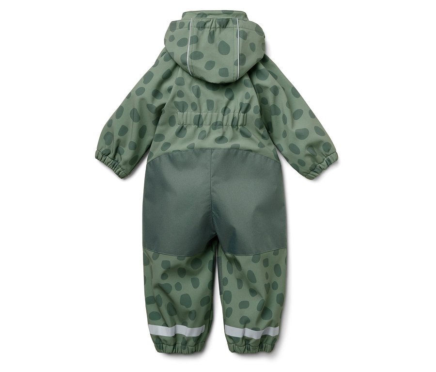 Rückansicht eines grünen Overalls mit Kapuze und dunkelgrünen Flecken.