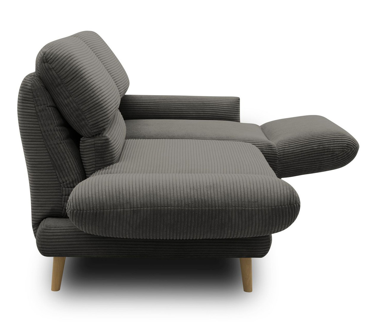 Detailaufnahme des dunkelgrauen, drehbaren DOMO 2-Sitzer-Sofas »FuAR« mit Holzfüßen.