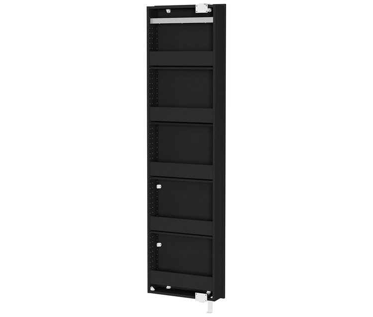 Ein anthrazitfarbener Drehschrank mit Ganzkörperspiegel und fünf Fächern.