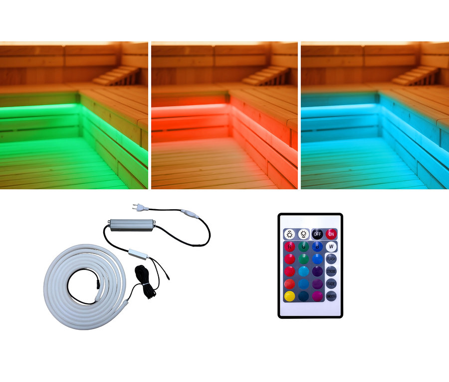 Sauna mit LED-Streifen, die grün, rot und blau leuchten. Im Vordergrund befinden sich eine aufgerollte LED-Leiste, eine Fernbedienung und ein Netzteil.