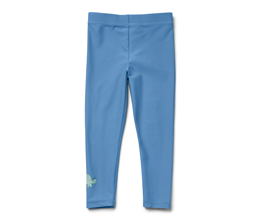 Blaue Kinder-Badeleggings mit UV-Schutzfaktor 80 und Schildkröte unten.