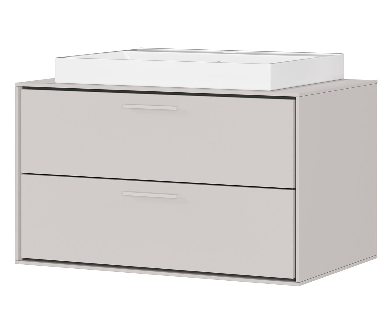 Grauer Badezimmerschrank mit zwei Schubladen und einem weißen Aufsatzwaschbecken.