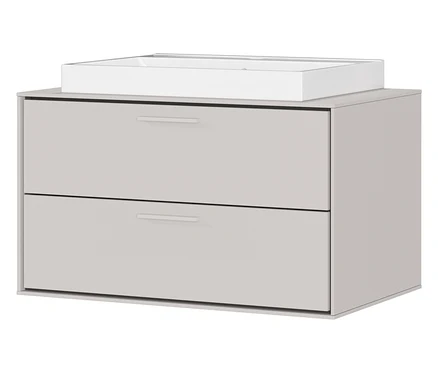 Grauer Badezimmerschrank mit zwei Schubladen und einem weißen Aufsatzwaschbecken.