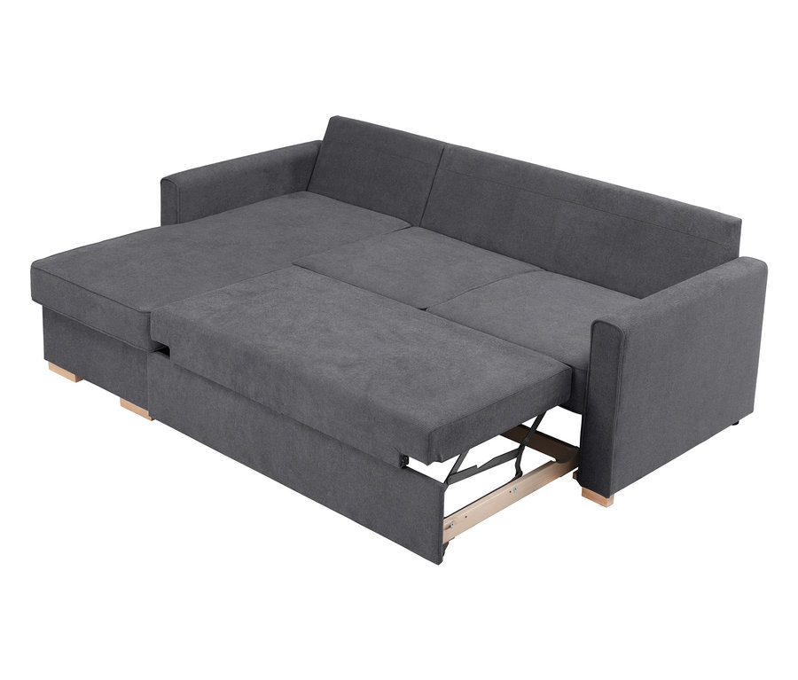 Ausgezogenes graues Ecksofa mit Holzrahmen.