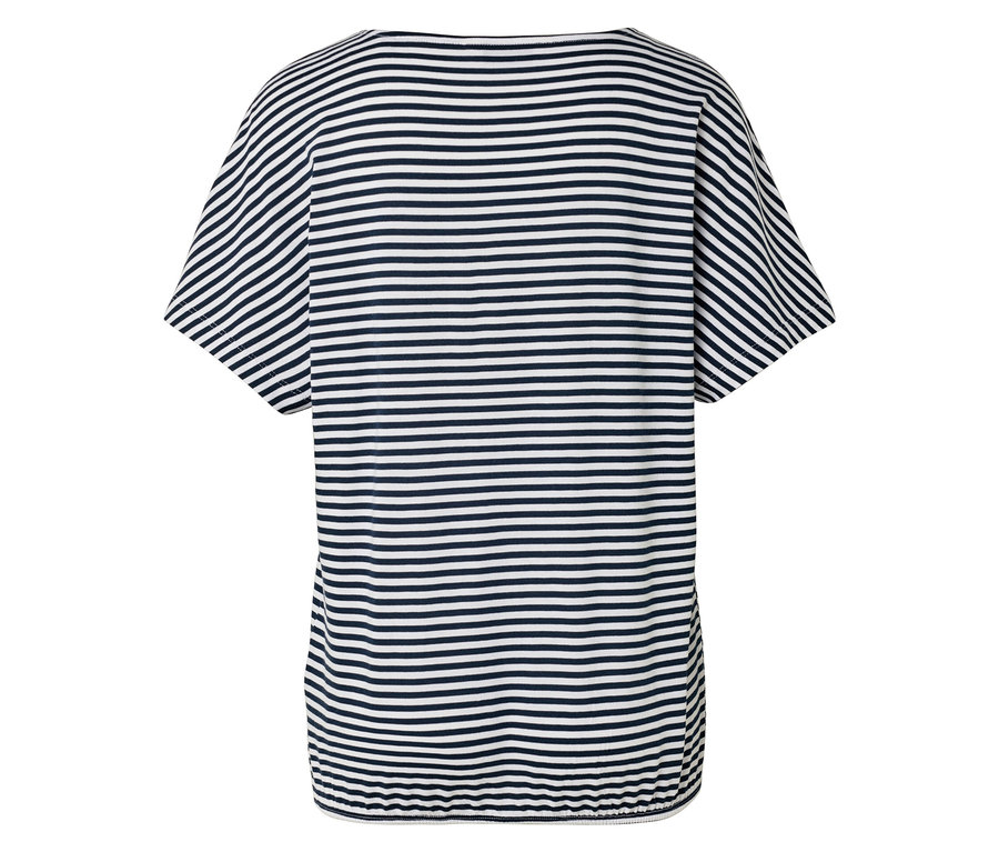 Rückansicht eines gestreiften T-Shirts mit kurzen Ärmeln in Marineblau und Weiß.