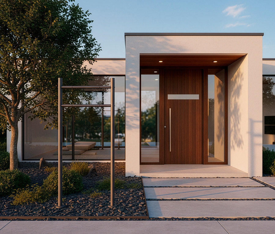 Außenansicht eines modernen Hauses mit Holztür, großen Fenstern und einem Baum im Vorgarten.