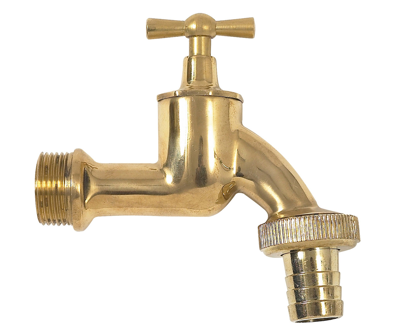 Goldener Wasserhahn mit Gewinde- und Schlauchanschluss.