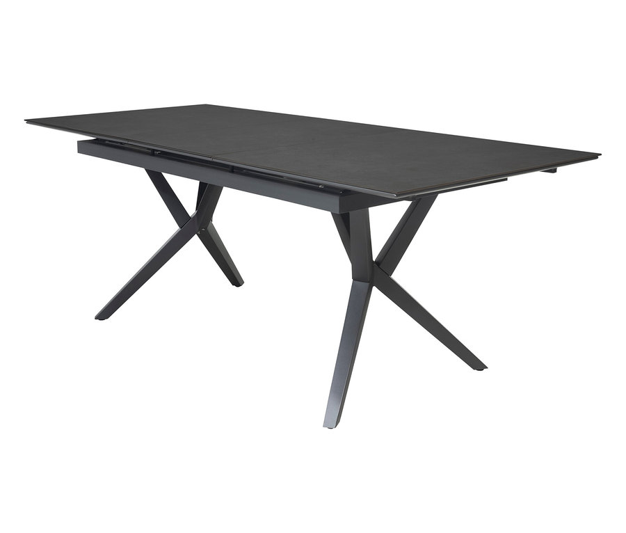 Nahaufnahme des DeVries Ausziehtischs, 160/210, mit Cross-Tischgestell.