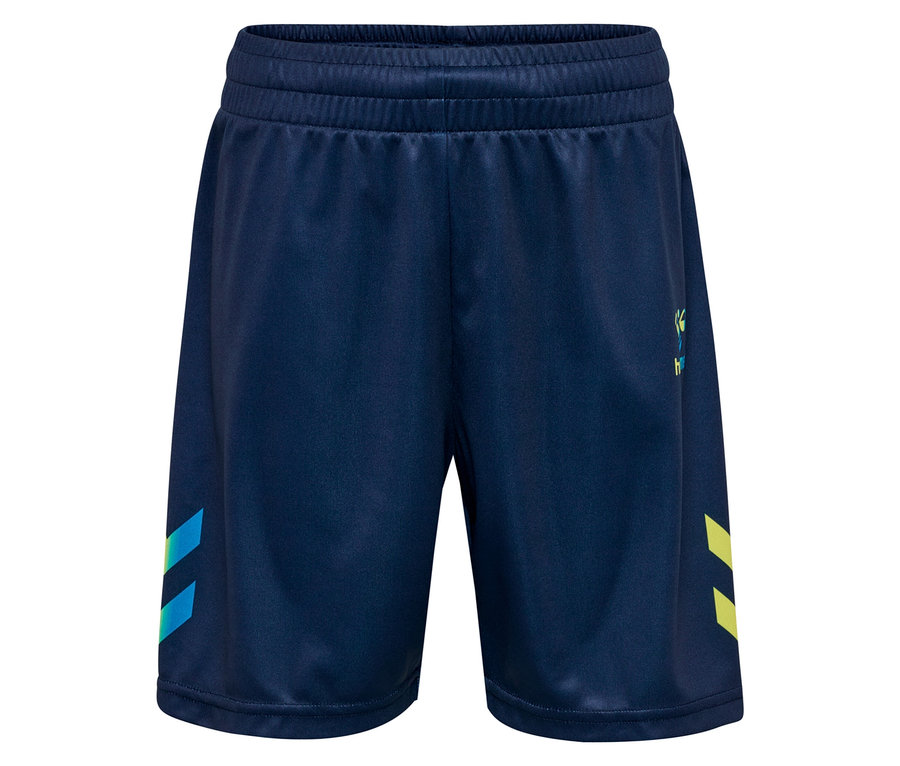Marineblaue Shorts mit blau-türkis und gelben Winkeln an den Seiten.