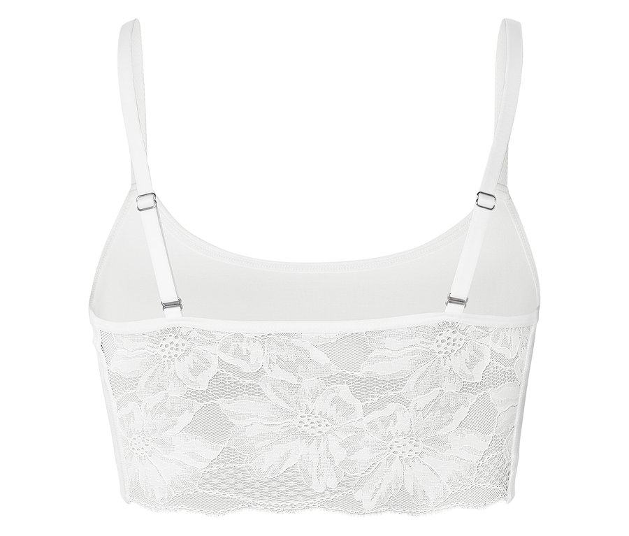 Weißes Spitzen-Bralette mit verstellbaren Trägern.