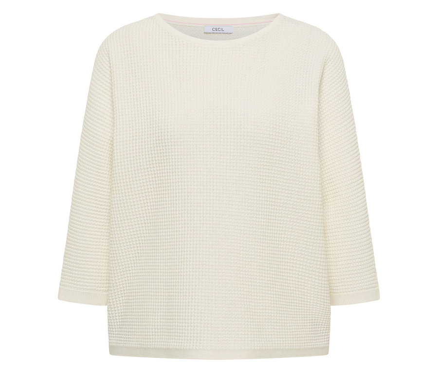 Cremefarbener CECIL Feinstrickpullover mit Rundhalsausschnitt und Dreiviertelärmeln, mit strukturiertem Strickmuster.