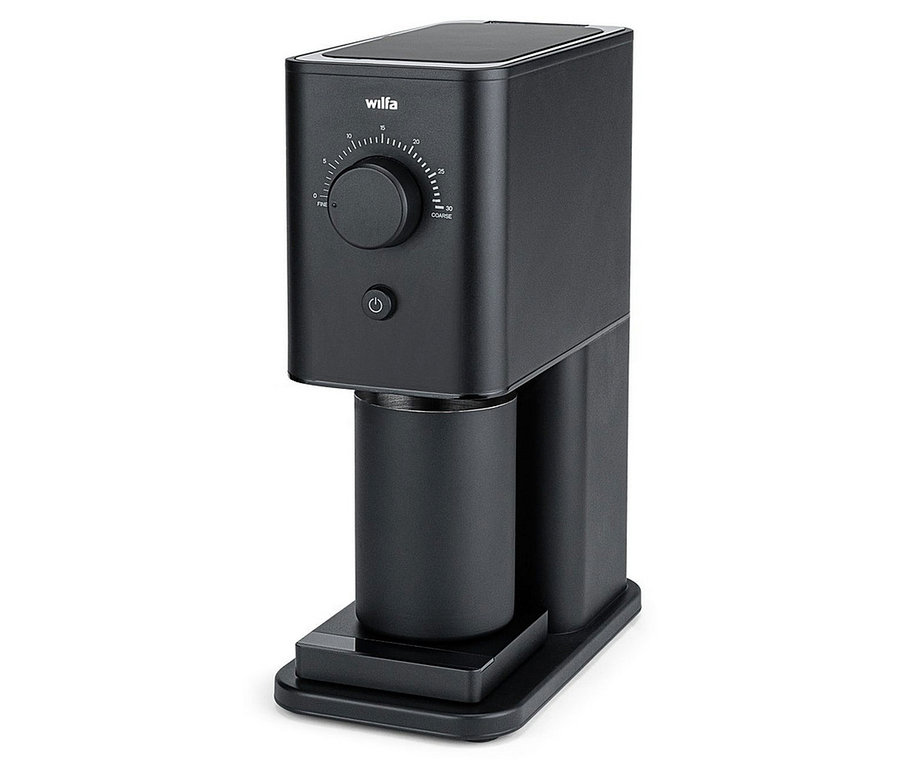 Schwarze Wilfa Zense CG3B-125 Kaffeemühle mit einem Mahlgradregler und Einschaltknopf an der Vorderseite sowie einem zylindrischen Auffangbehälter.