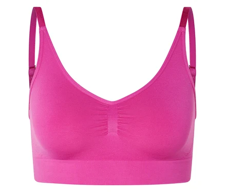 Nahaufnahme eines pinkfarbenen BHs mit verstellbaren Trägern.
