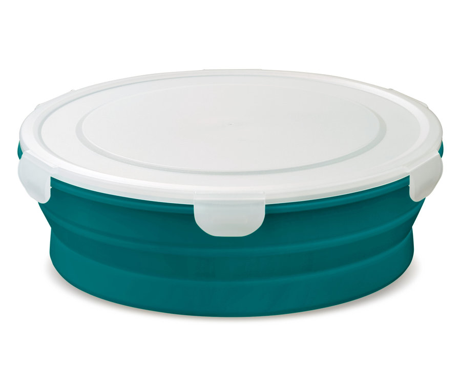 Eine türkisfarbene, runde, zusammenklappbare Lunchbox mit einem weißen Deckel.