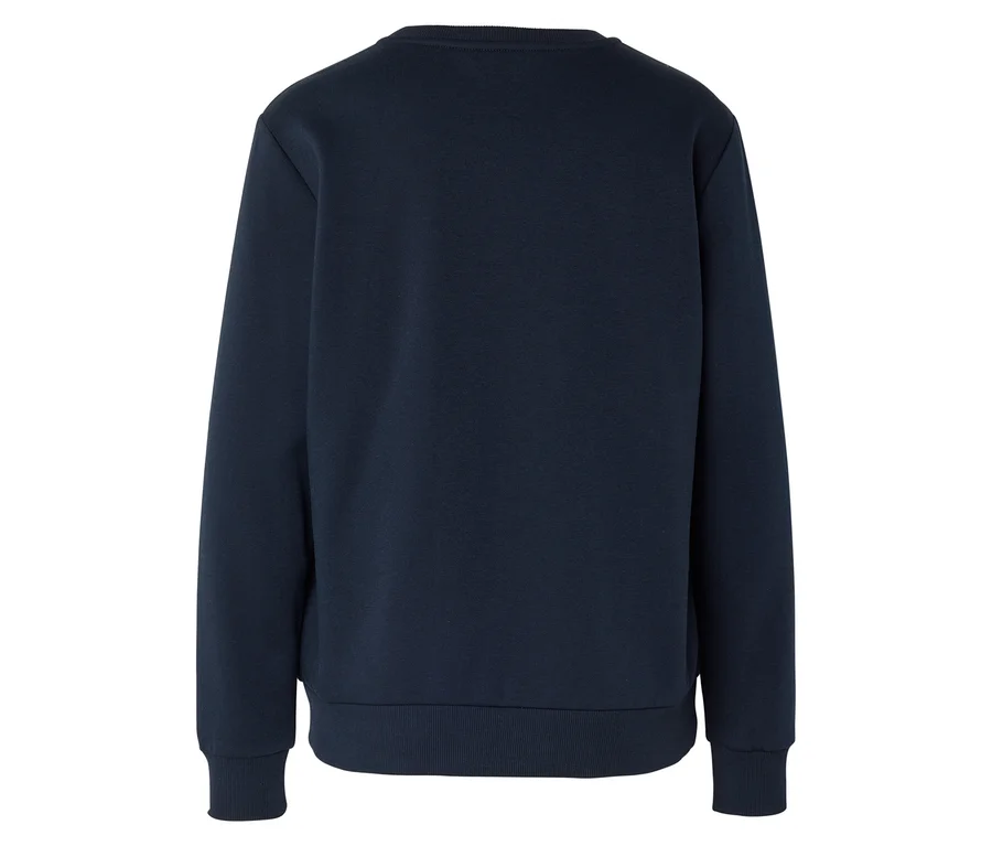 Rückansicht eines marineblauen, langärmeligen Pullovers mit gerippten Bündchen und Saum.