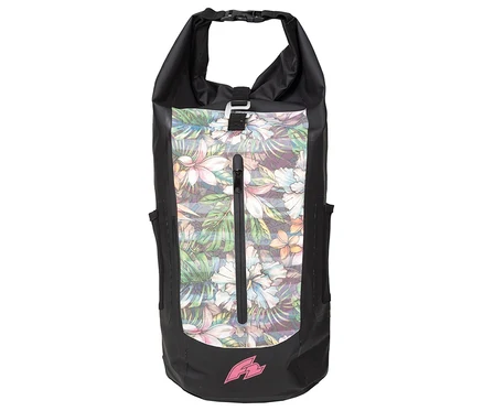 Der schwarze F2 Rucksack »Swell Happiness«, 35 l hat ein Blumenmuster auf der Vorderseite und Seitentaschen.