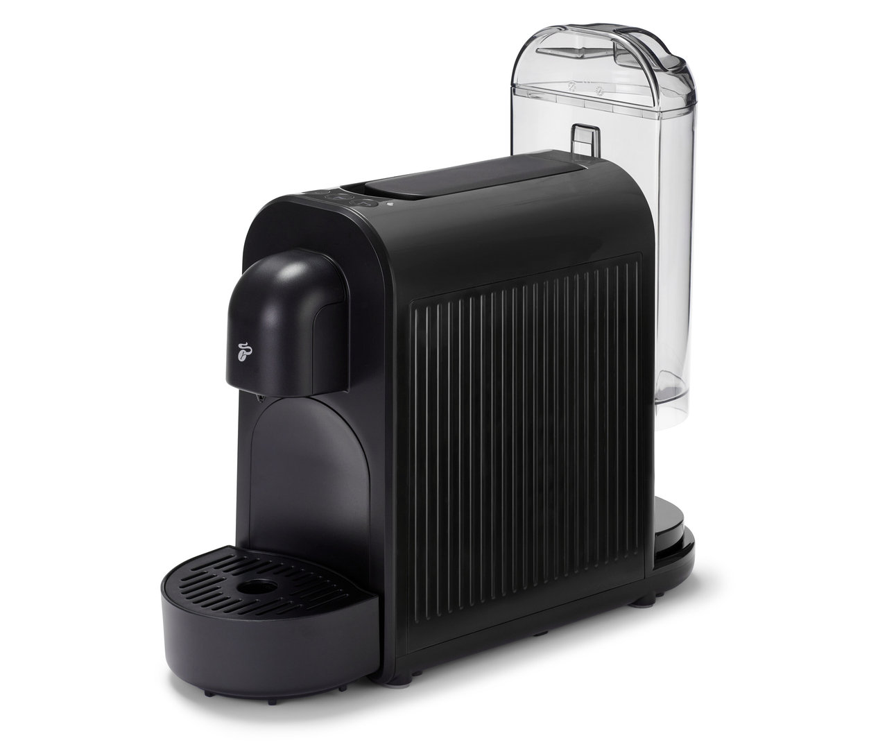 Die schwarze Cafissimo now black Kaffeemaschine steht auf einem weißen Untergrund.